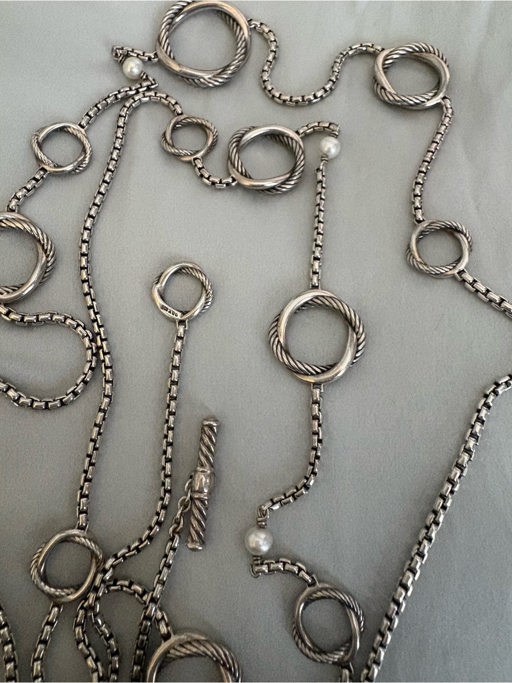 David Yurman Silver Rope-Loop Station Necklace with Pearl Accents
